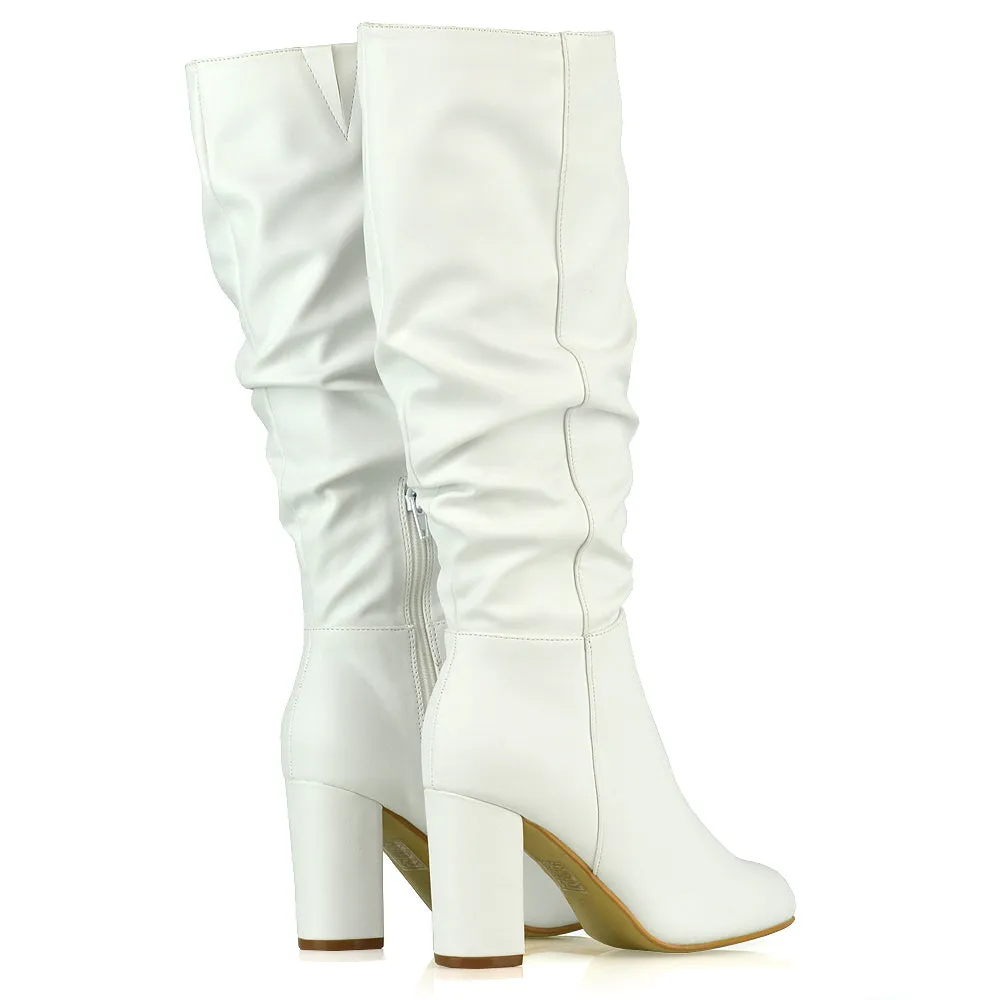 Alana Ruched Zip-up Winter Block Below the Knee High Heeled Long Boots in Black Faux Suede