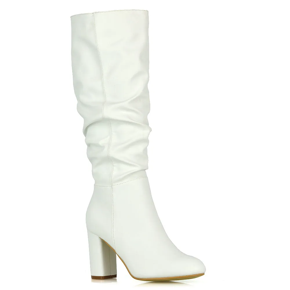 Alana Ruched Zip-up Winter Block Below the Knee High Heeled Long Boots in Black Faux Suede