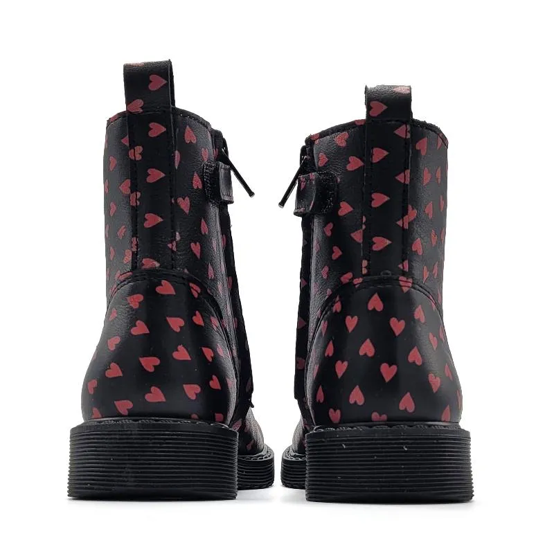 Atlanta Mocassin Black Red Heart Bootie 01D
