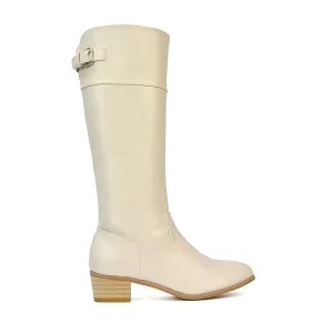 Caiden Knee High Low Block Heel Western Cowboy Boots in Chalk Synthetic Leather