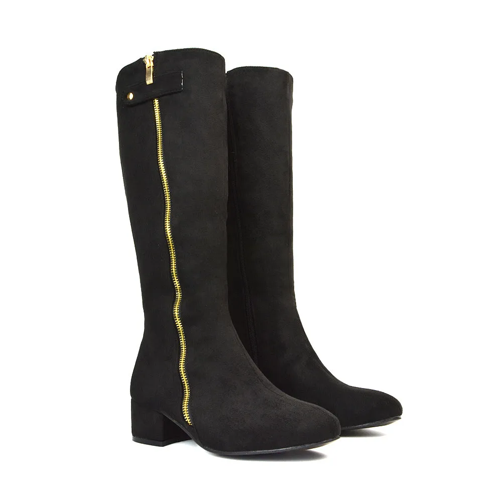 Darcy Low Block Heel Zip Up Knee High Long Boots in Black Synthetic Leather