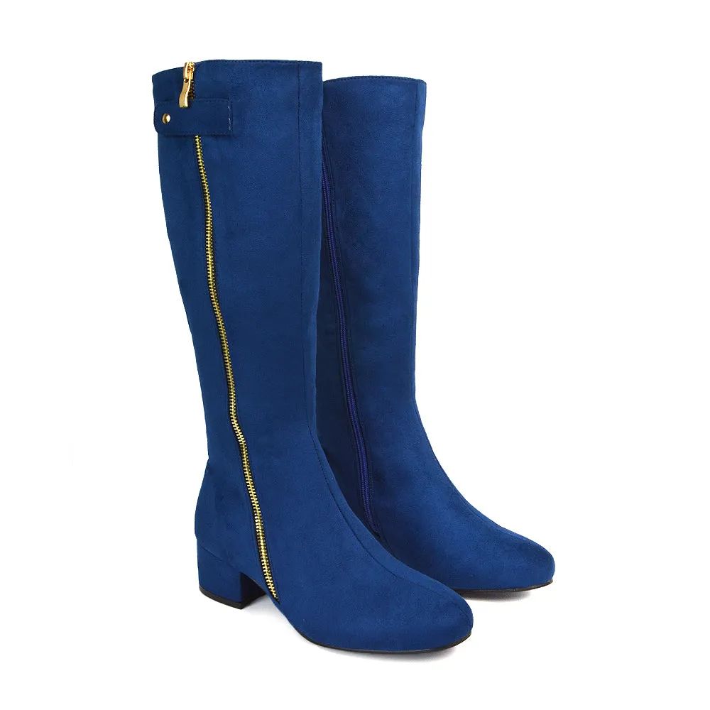 Darcy Low Block Heel Zip Up Knee High Long Boots in Black Synthetic Leather