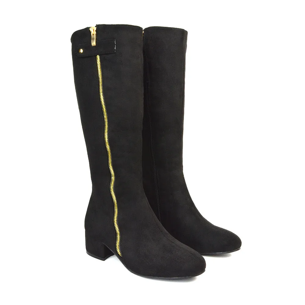 Darcy Low Block Heel Zip Up Knee High Long Boots in Black Synthetic Leather