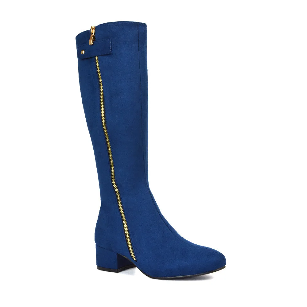 Darcy Low Block Heel Zip Up Knee High Long Boots in Black Synthetic Leather