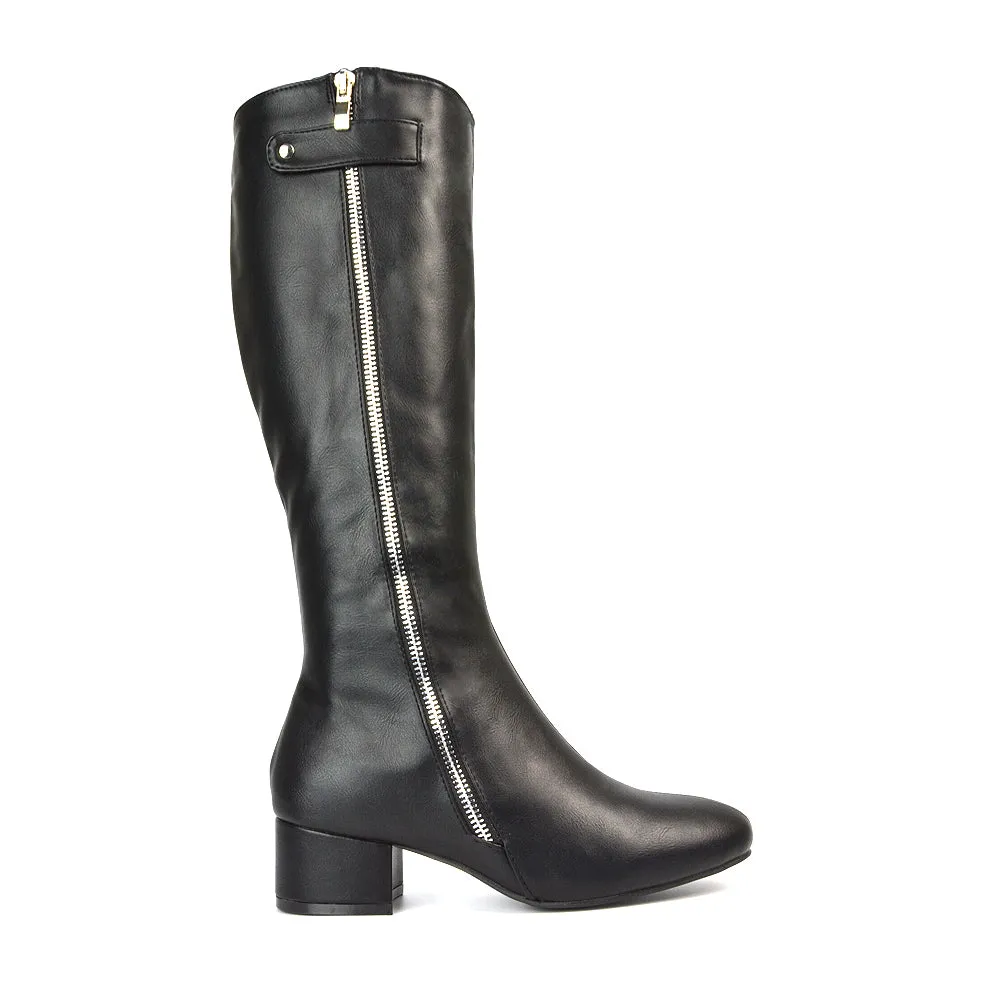 Darcy Low Block Heel Zip Up Knee High Long Boots in Black Synthetic Leather