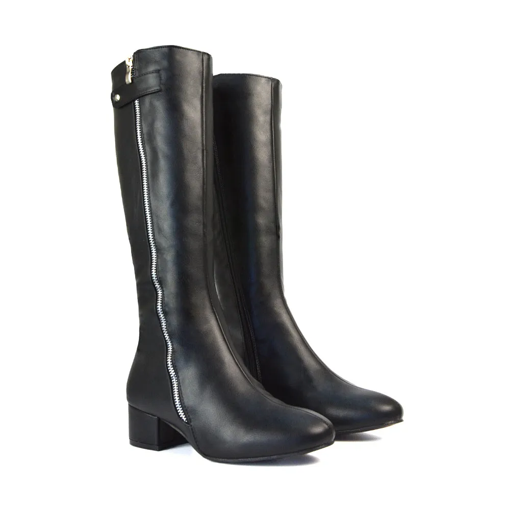 Darcy Low Block Heel Zip Up Knee High Long Boots in Black Synthetic Leather
