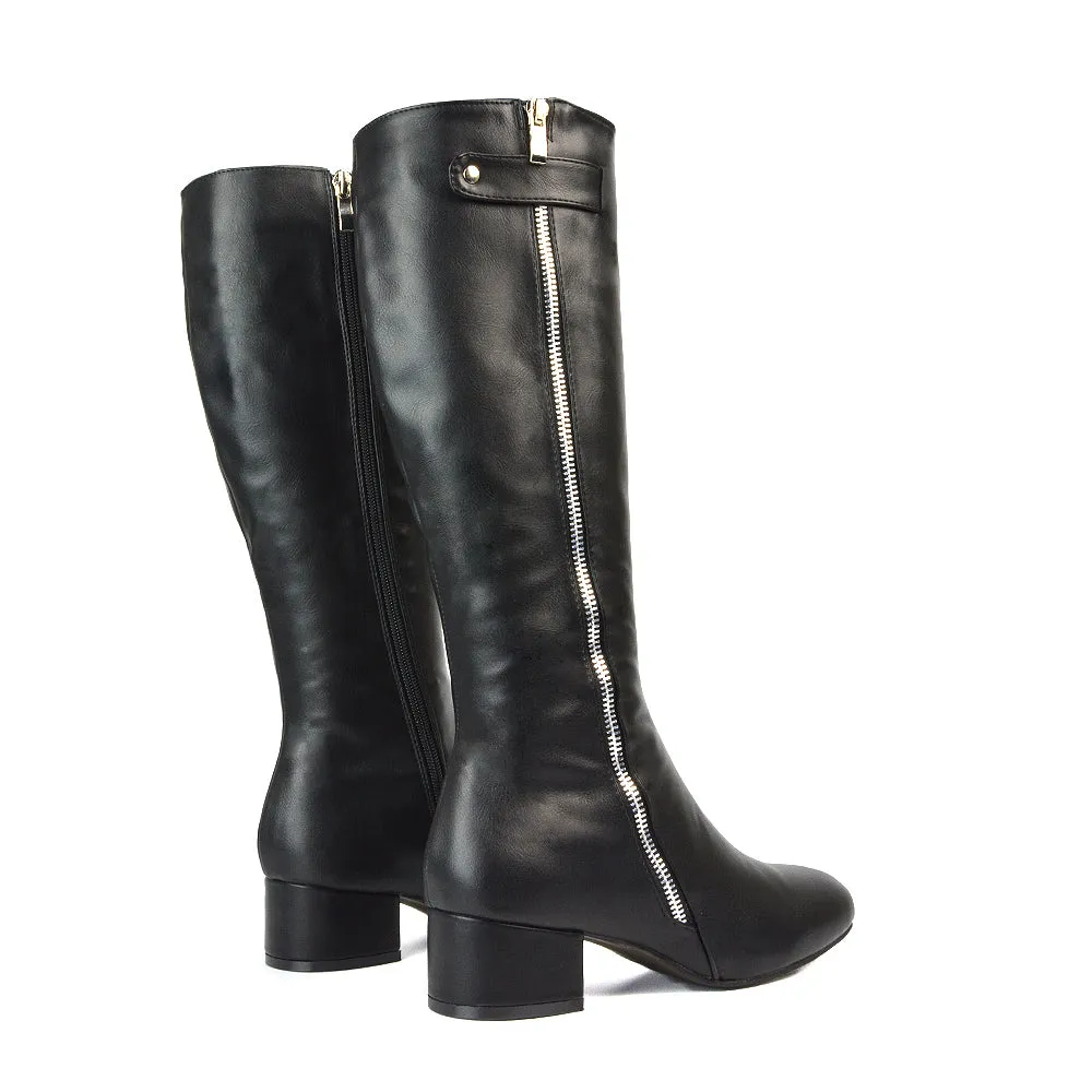 Darcy Low Block Heel Zip Up Knee High Long Boots in Black Synthetic Leather