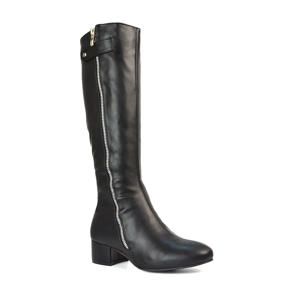 Darcy Low Block Heel Zip Up Knee High Long Boots in Black Synthetic Leather