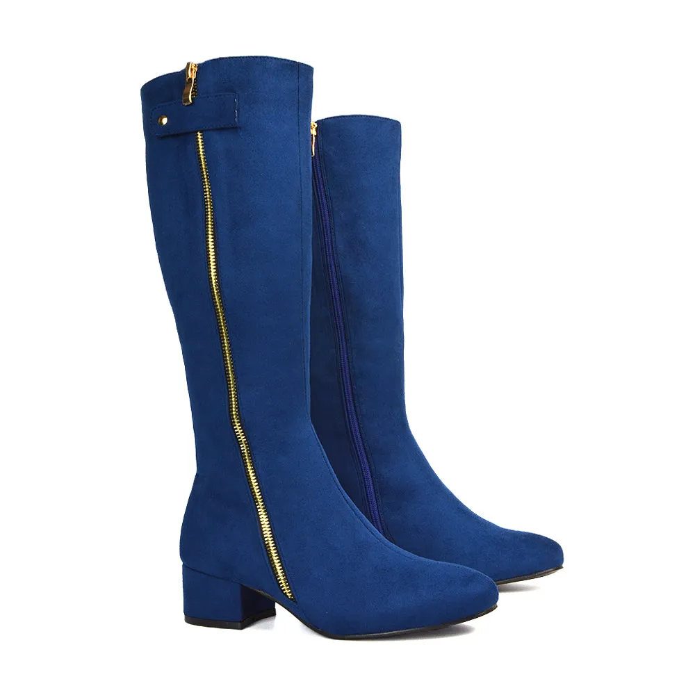 Darcy Low Block Heel Zip Up Knee High Long Boots in Black Synthetic Leather