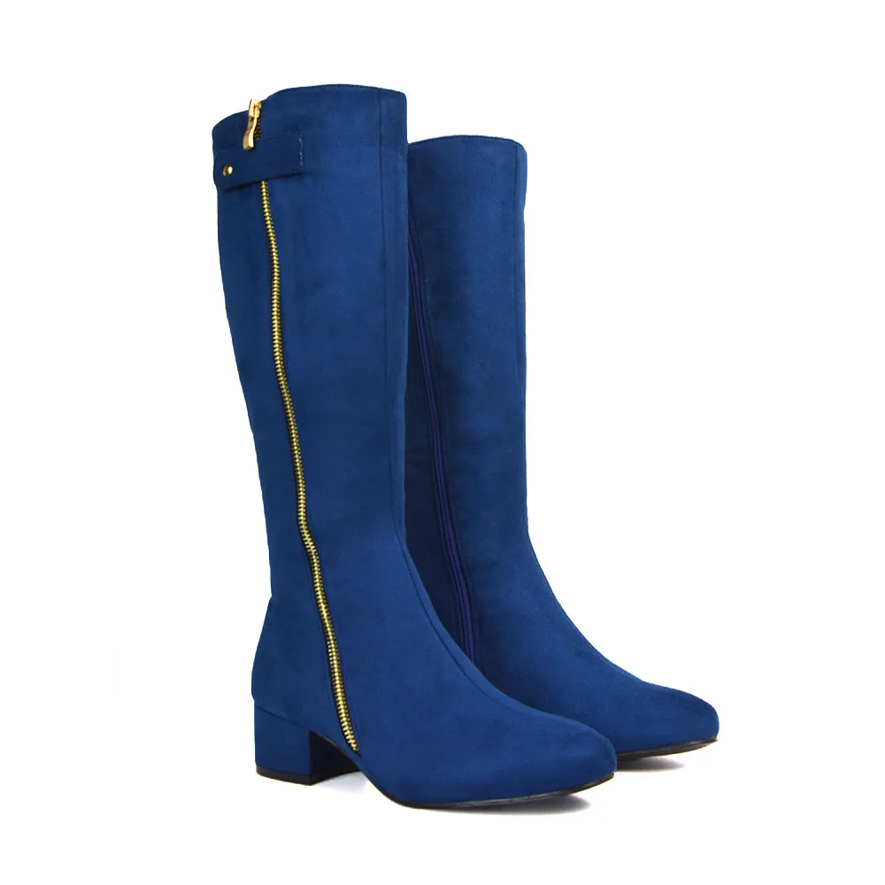 Darcy Low Block Heel Zip Up Knee High Long Boots in Black Synthetic Leather