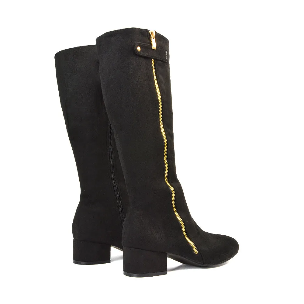 Darcy Low Block Heel Zip Up Knee High Long Boots in Black Synthetic Leather