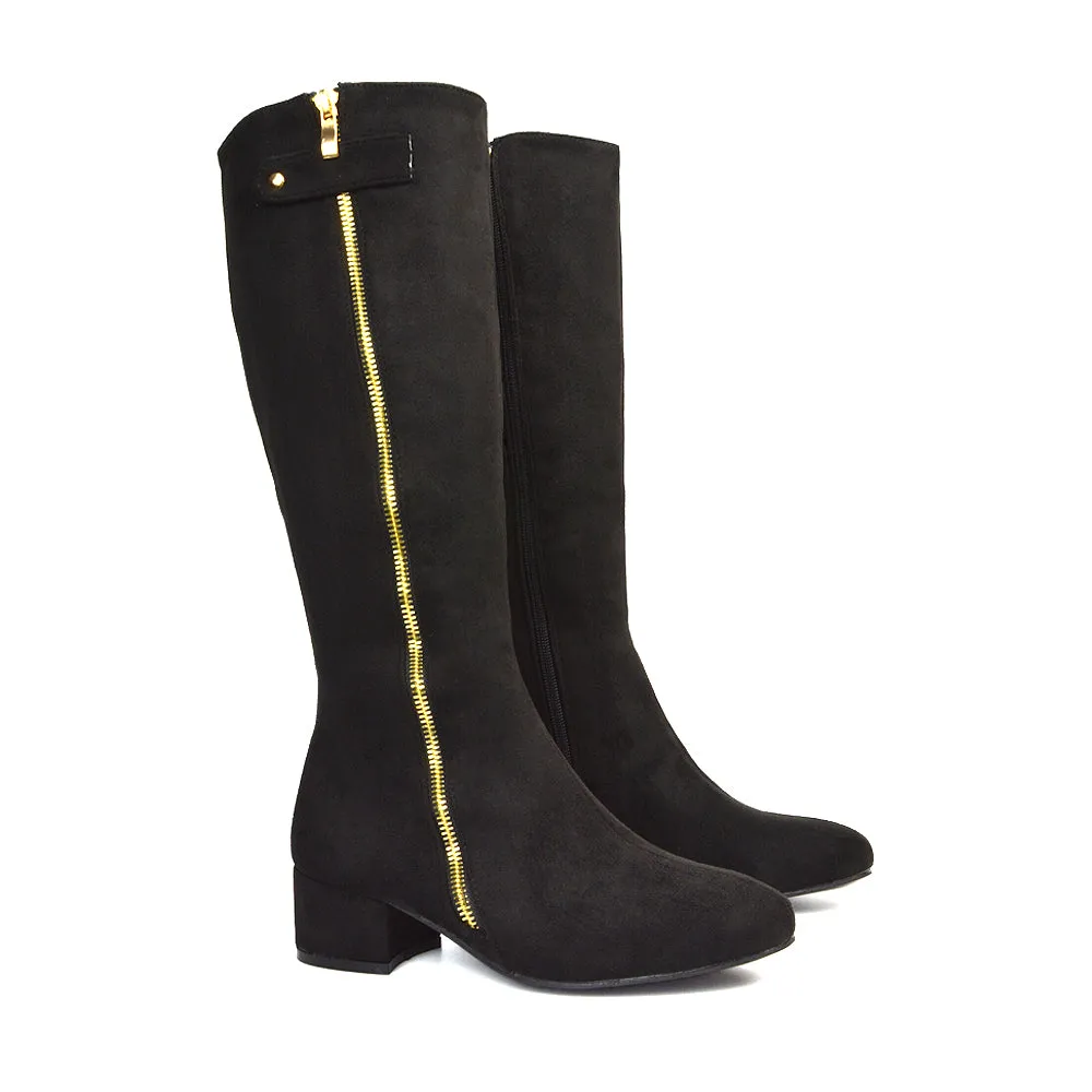 Darcy Low Block Heel Zip Up Knee High Long Boots in Black Synthetic Leather