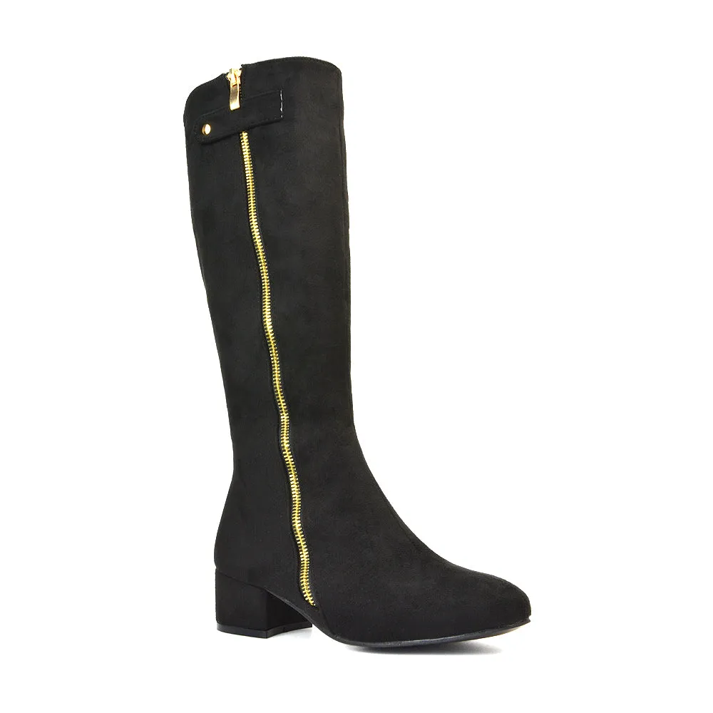 Darcy Low Block Heel Zip Up Knee High Long Boots in Black Synthetic Leather