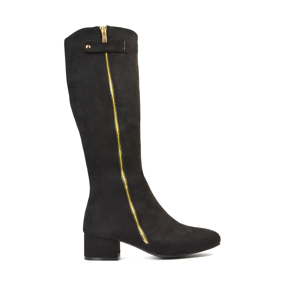 Darcy Low Block Heel Zip Up Knee High Long Boots in Black Synthetic Leather