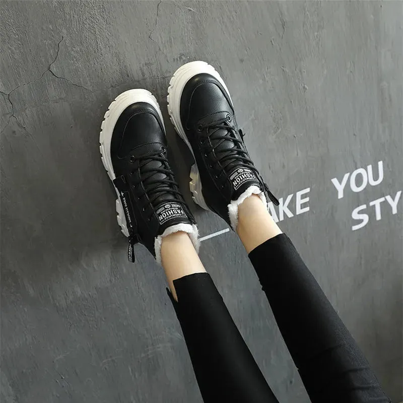 Fleece Lace-up Boots Winter Warm Short Plush High-top Shoes