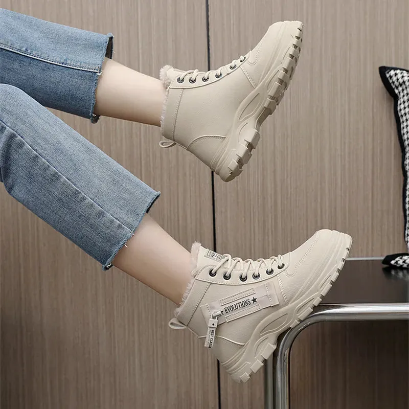 Fleece Lace-up Boots Winter Warm Short Plush High-top Shoes