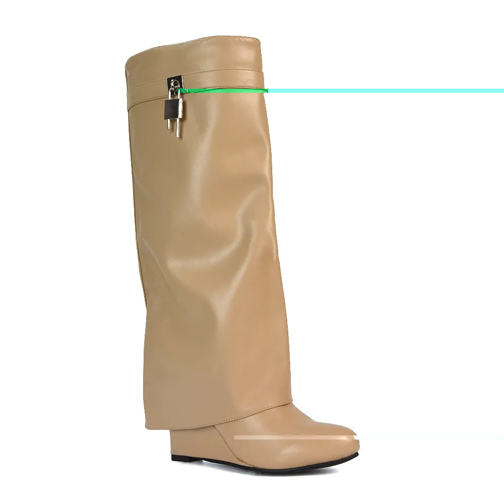 Gigi Wedge Heel Pull On Fold Over Knee High Boots With Buckle Detail in Beige Synthetic Leather