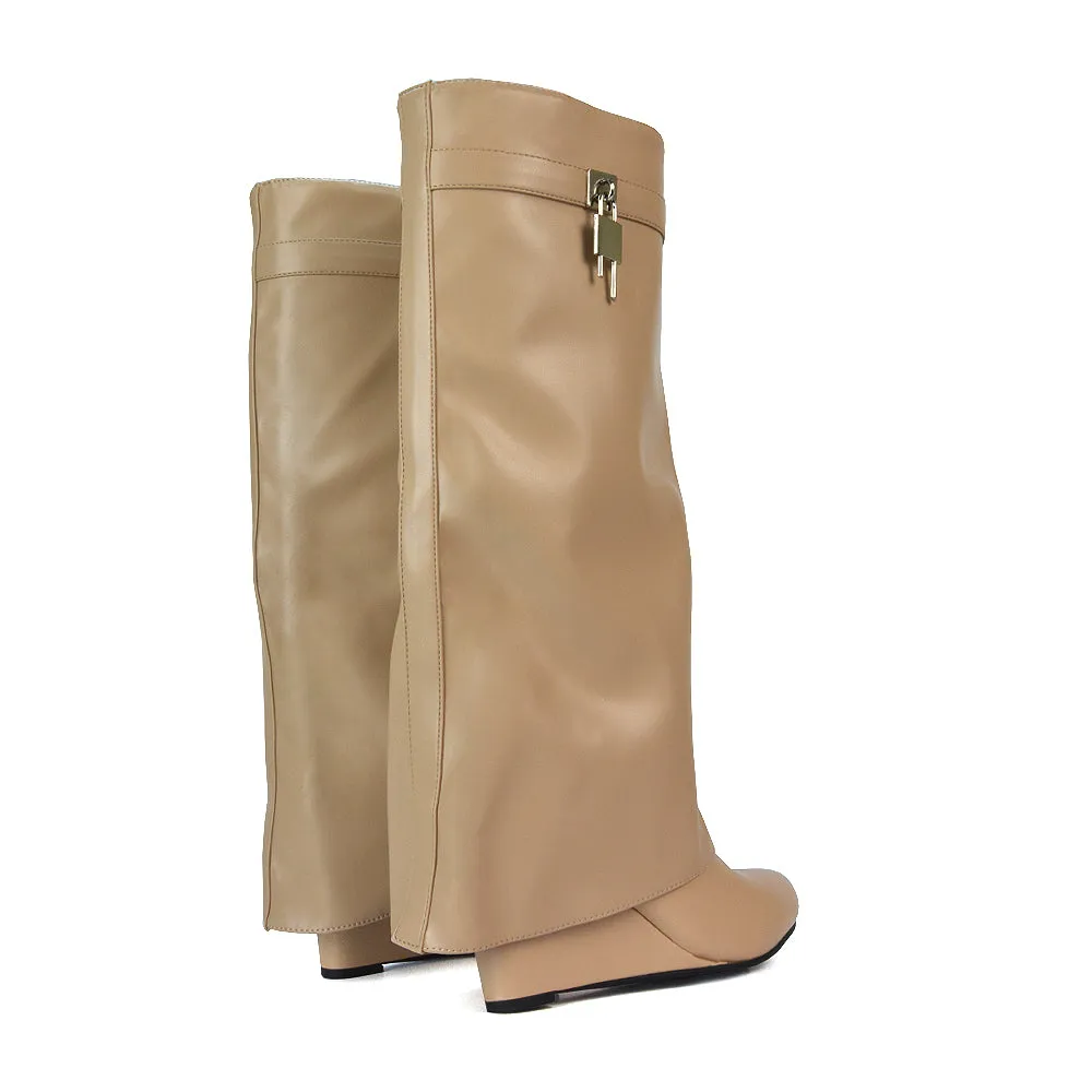Gigi Wedge Heel Pull On Fold Over Knee High Boots With Buckle Detail in Beige Synthetic Leather