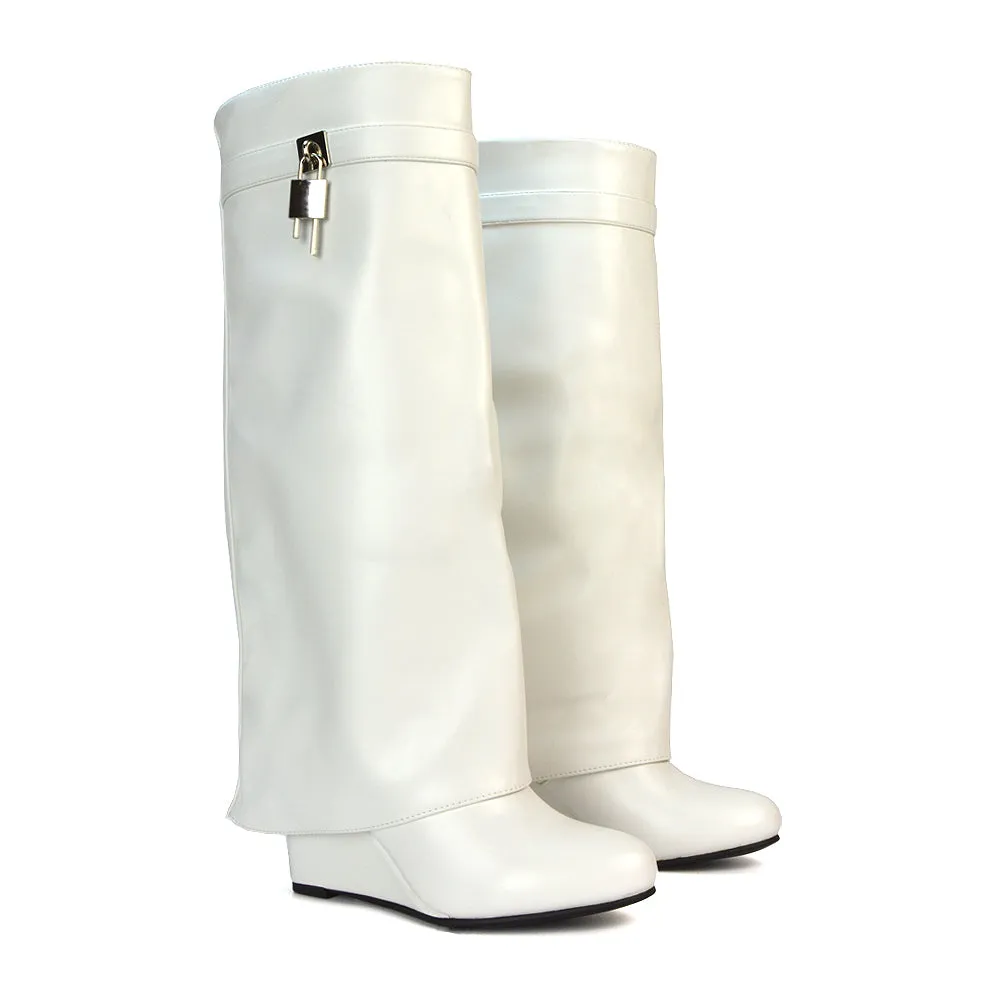 Gigi Wedge Heel Pull On Fold Over Knee High Boots With Buckle Detail in Beige Synthetic Leather