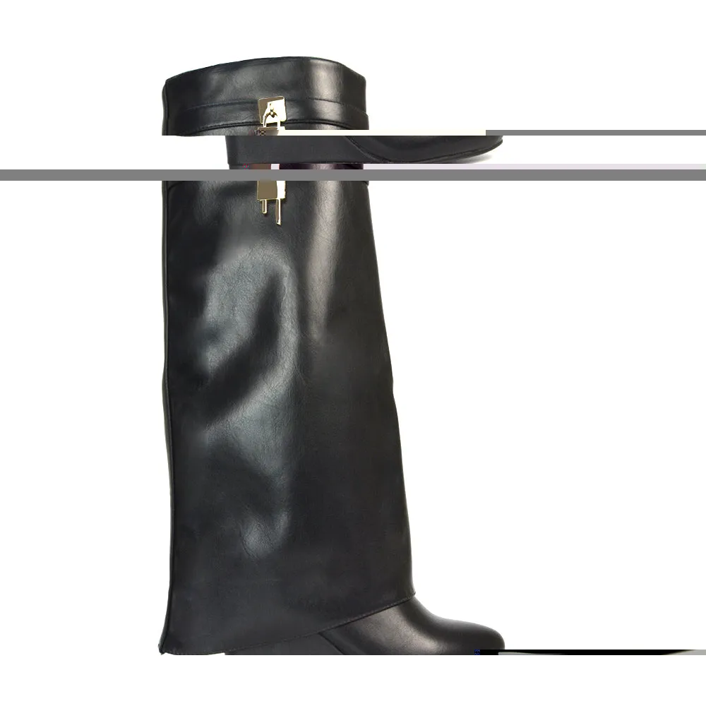 Gigi Wedge Heel Pull On Fold Over Knee High Boots With Buckle Detail in Beige Synthetic Leather