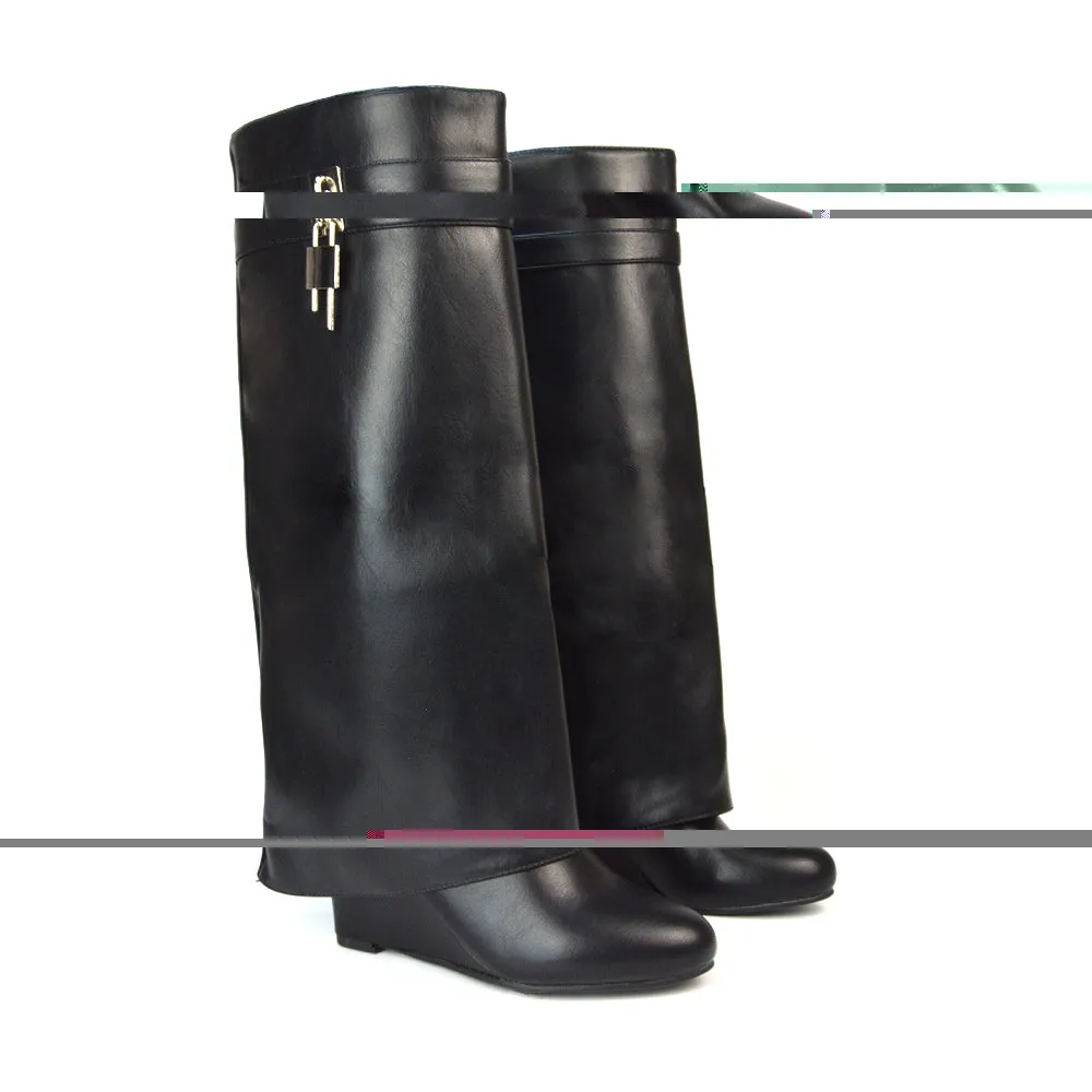 Gigi Wedge Heel Pull On Fold Over Knee High Boots With Buckle Detail in Beige Synthetic Leather