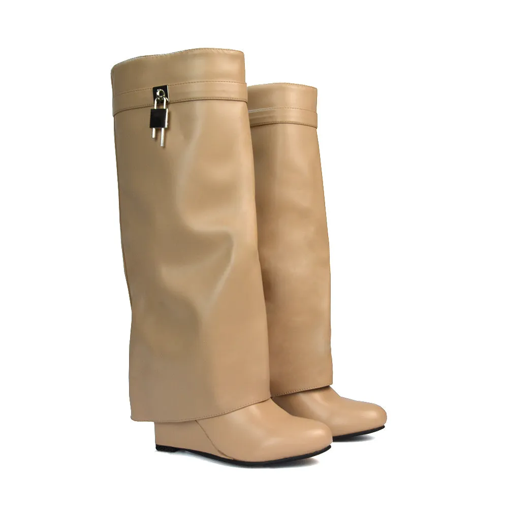 Gigi Wedge Heel Pull On Fold Over Knee High Boots With Buckle Detail in Beige Synthetic Leather