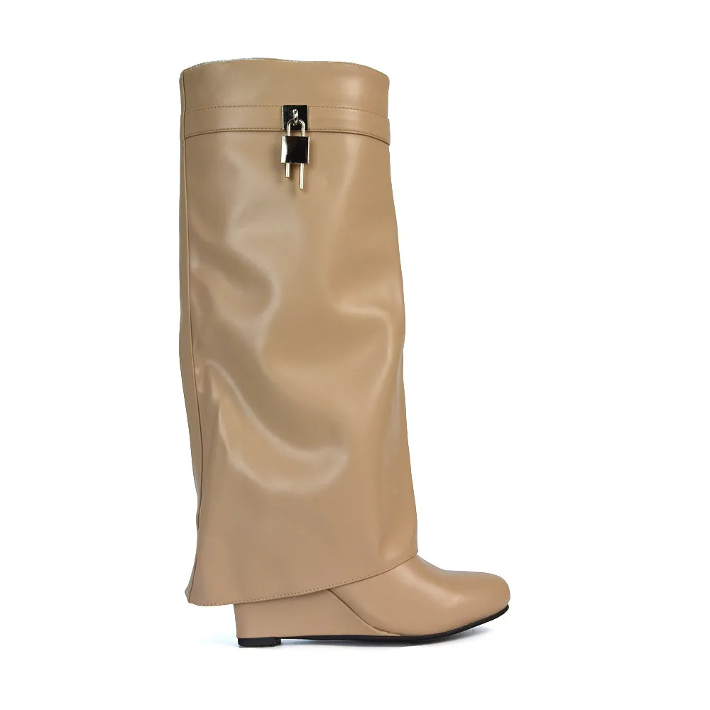 Gigi Wedge Heel Pull On Fold Over Knee High Boots With Buckle Detail in Beige Synthetic Leather