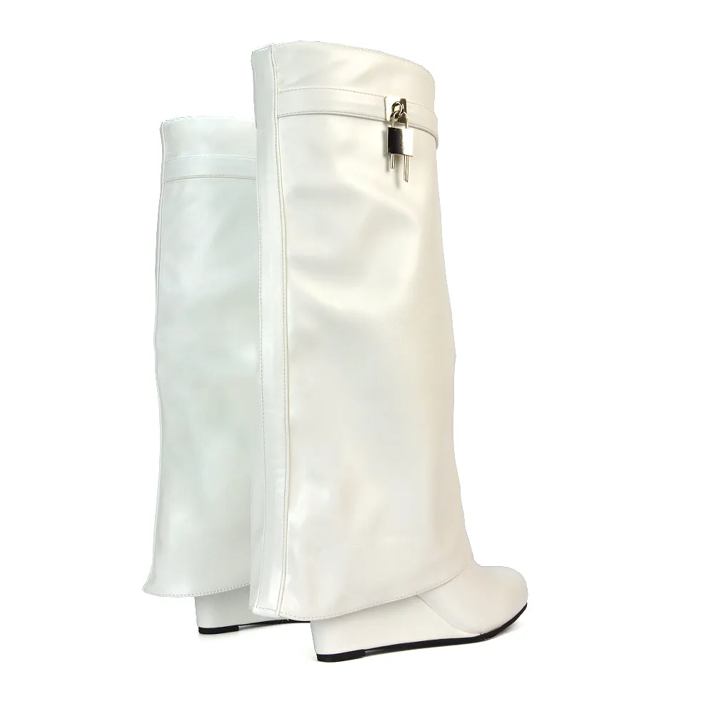 Gigi Wedge Heel Pull On Fold Over Knee High Boots With Buckle Detail in Beige Synthetic Leather