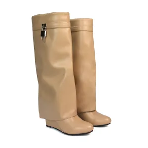 Gigi Wedge Heel Pull On Fold Over Knee High Boots With Buckle Detail in Beige Synthetic Leather
