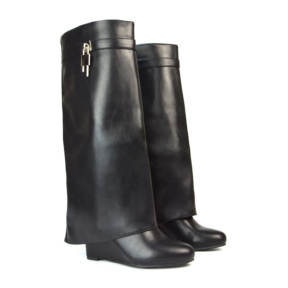 Gigi Wedge Heel Pull On Fold Over Knee High Boots With Buckle Detail in Beige Synthetic Leather
