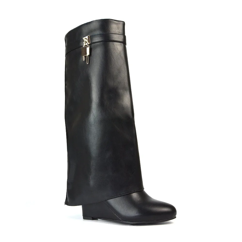 Gigi Wedge Heel Pull On Fold Over Knee High Boots With Buckle Detail in Beige Synthetic Leather