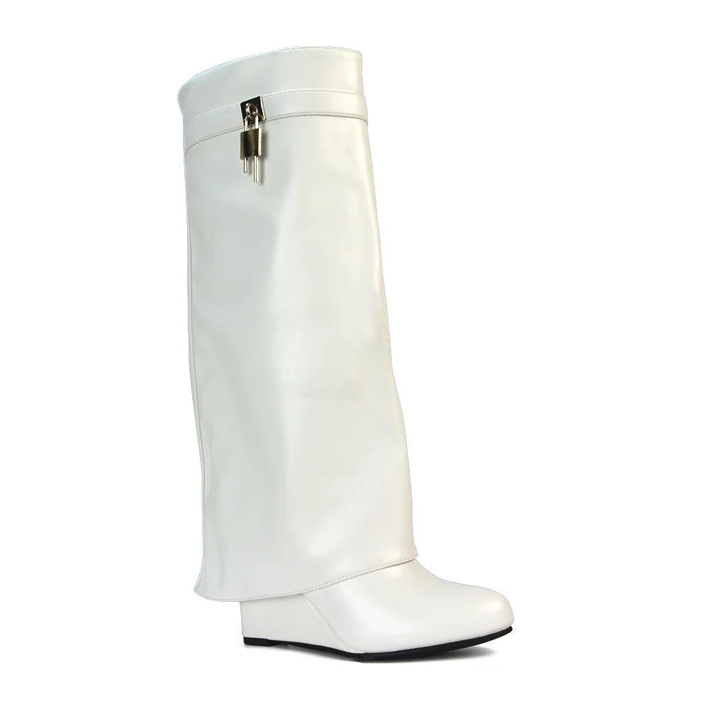 Gigi Wedge Heel Pull On Fold Over Knee High Boots With Buckle Detail in Beige Synthetic Leather