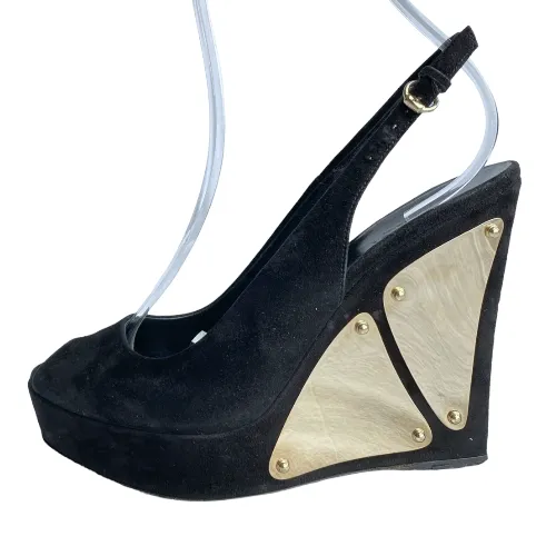 GUCCI Black Suede Peep Toe Gold Metals Slingback Platform Wedge Sandals, 38 C
