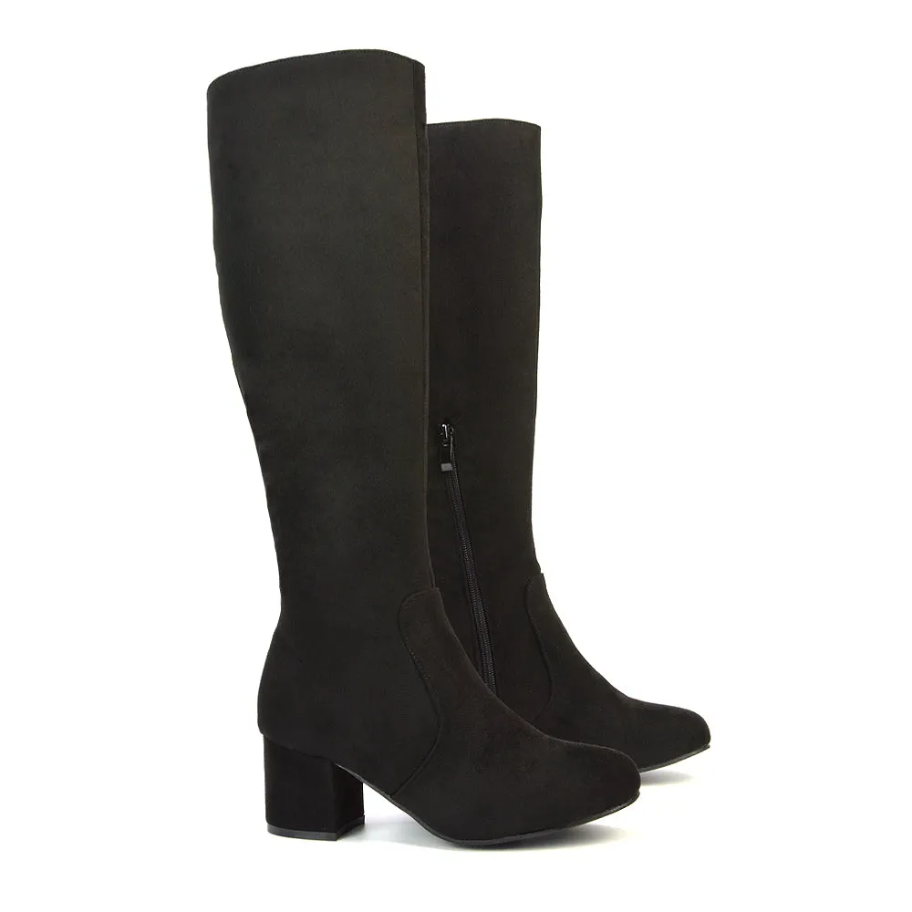 Honey Knee High Boots with Mid Block Heel and Inside Zip in Black Synthetic Leather