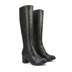 Honey Knee High Boots with Mid Block Heel and Inside Zip in Black Synthetic Leather