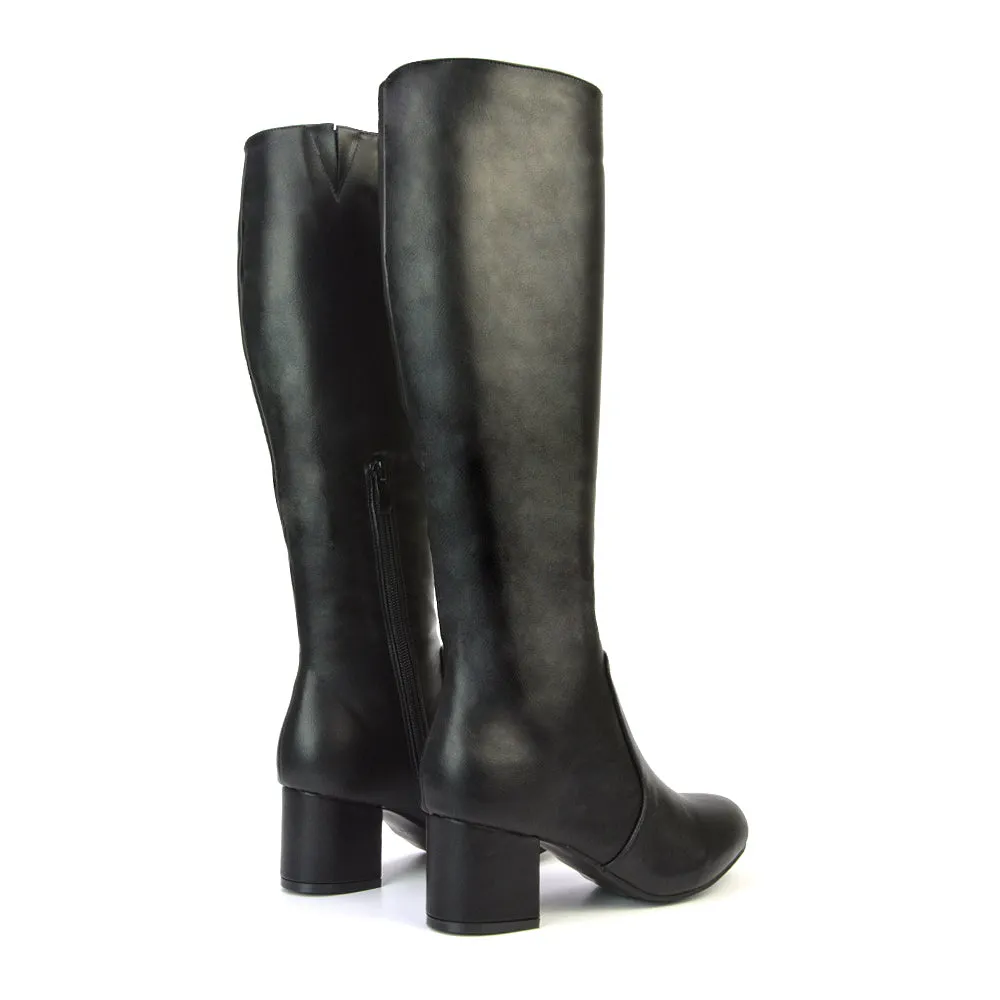 Honey Knee High Boots with Mid Block Heel and Inside Zip in Black Synthetic Leather