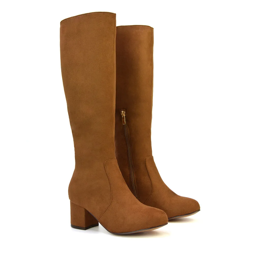 Honey Knee High Boots with Mid Block Heel and Inside Zip in Black Synthetic Leather