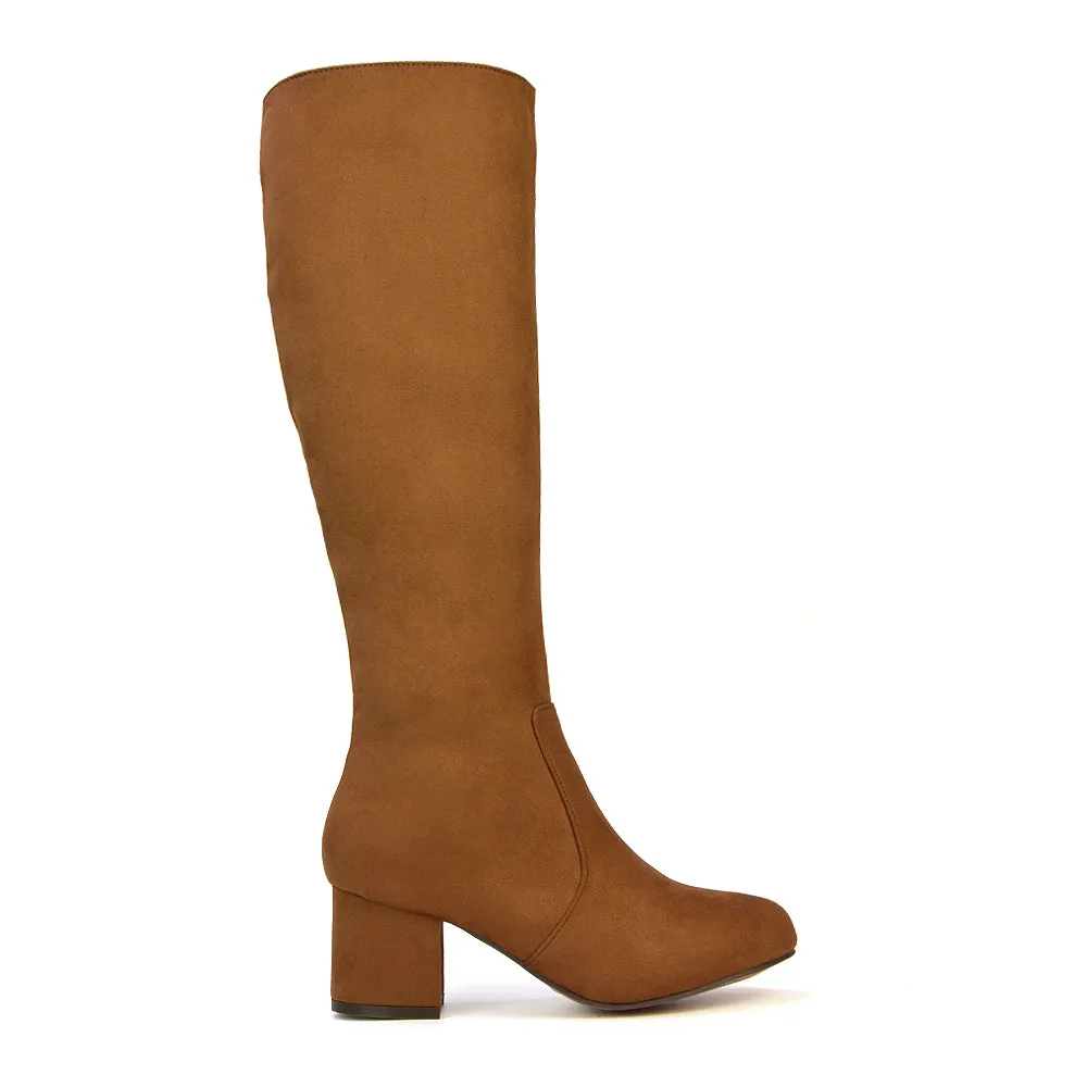 Honey Knee High Boots with Mid Block Heel and Inside Zip in Black Synthetic Leather