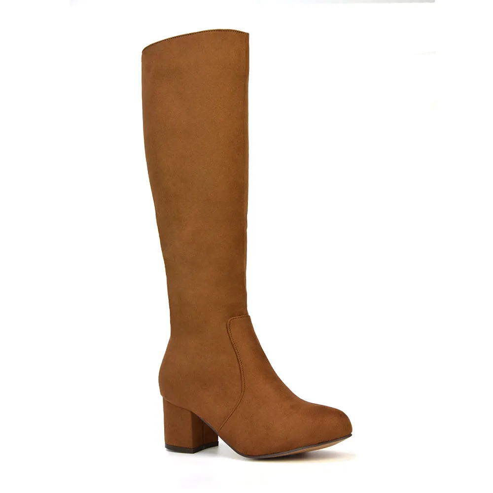 Honey Knee High Boots with Mid Block Heel and Inside Zip in Black Synthetic Leather