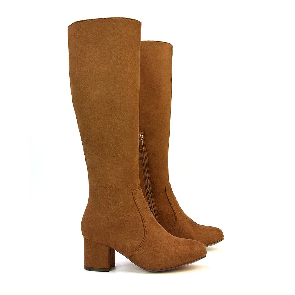 Honey Knee High Boots with Mid Block Heel and Inside Zip in Black Synthetic Leather