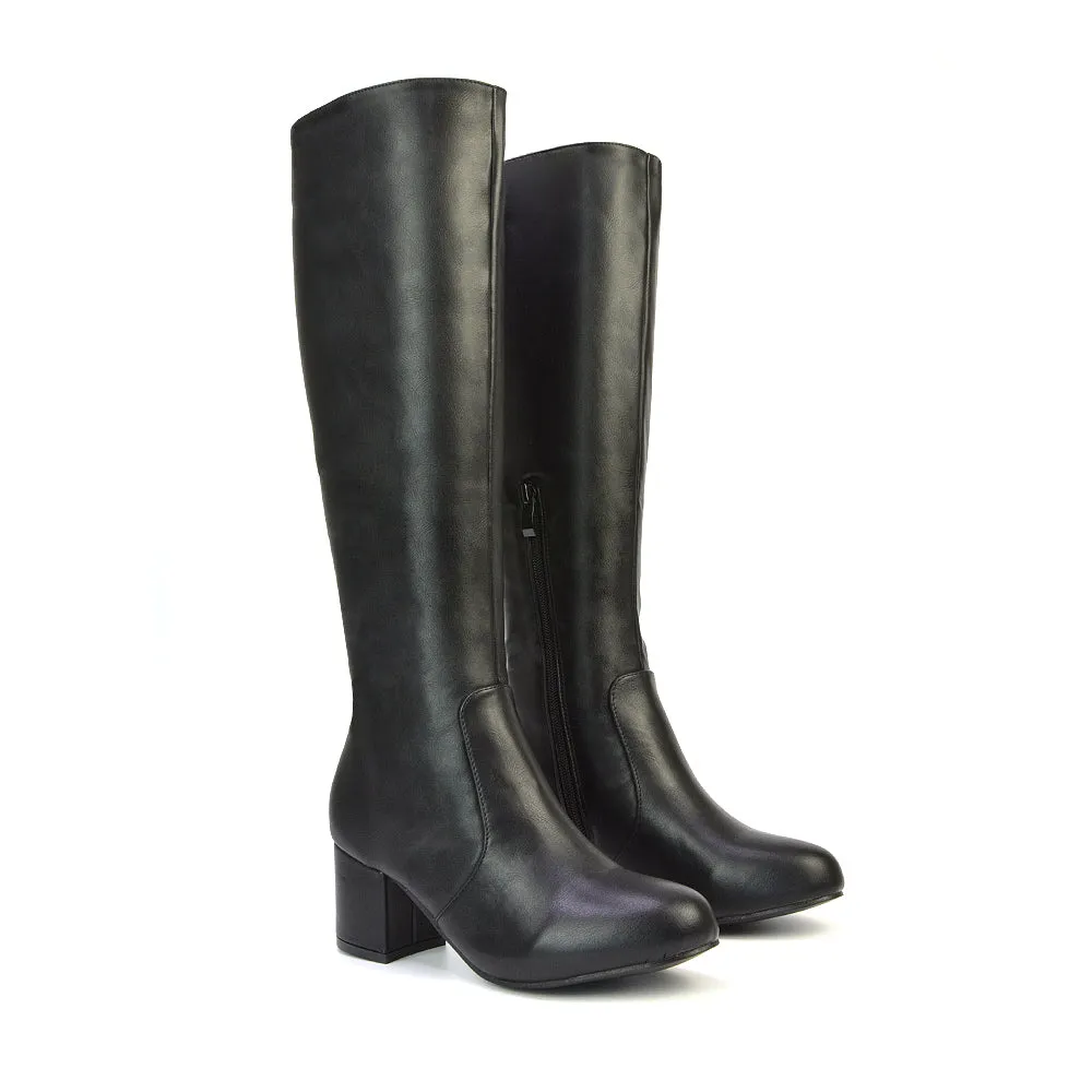 Honey Knee High Boots with Mid Block Heel and Inside Zip in Black Synthetic Leather