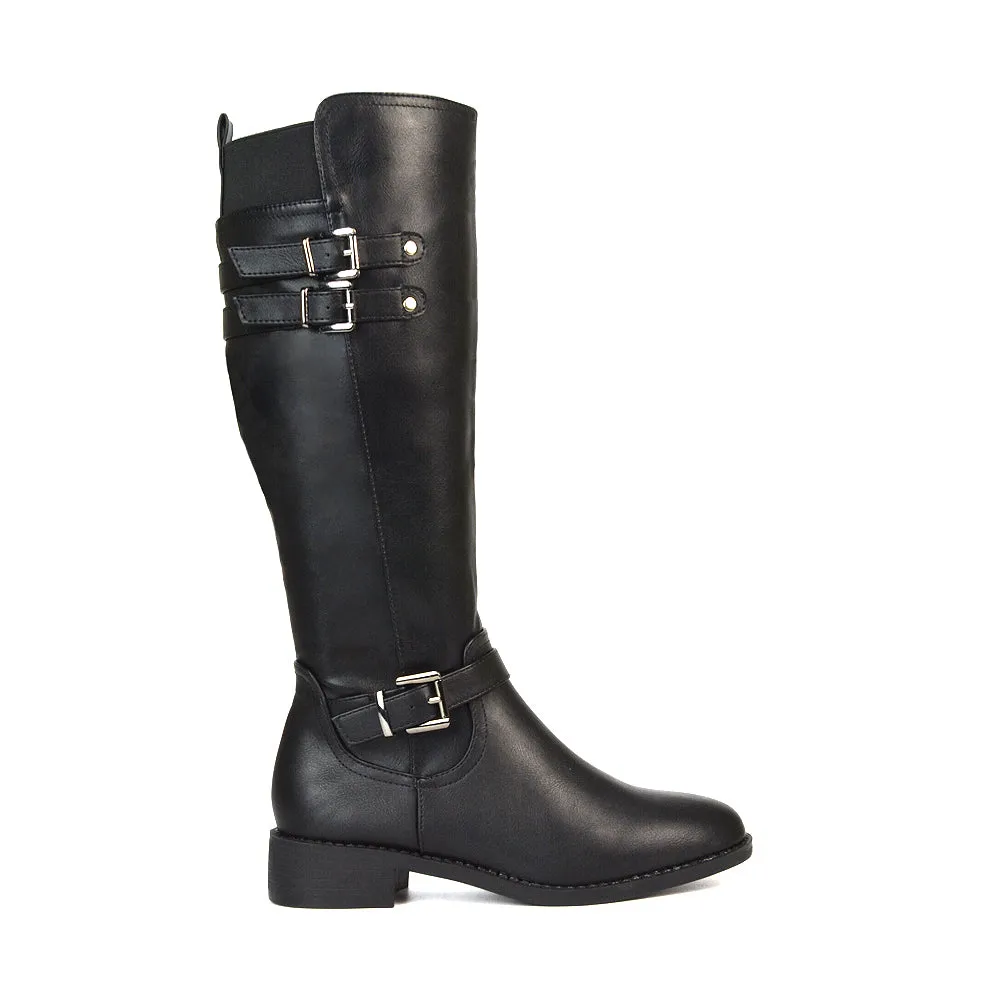 Katy Knee High Flat Heel Buckle Detail Winter Biker Boots in Black Faux Suede