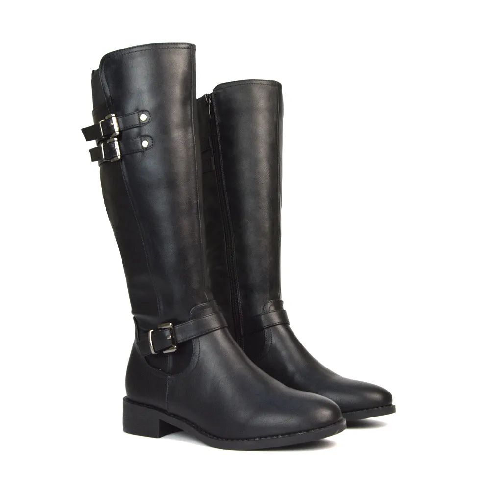 Katy Knee High Flat Heel Buckle Detail Winter Biker Boots in Black Faux Suede