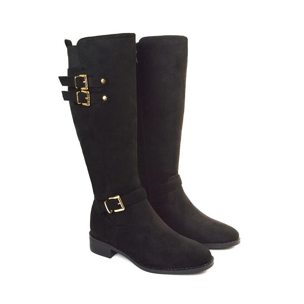 Katy Knee High Flat Heel Buckle Detail Winter Biker Boots in Black Faux Suede