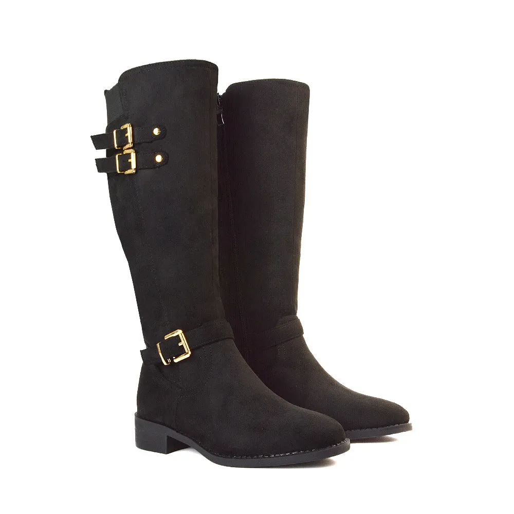 Katy Knee High Flat Heel Buckle Detail Winter Biker Boots in Black Faux Suede