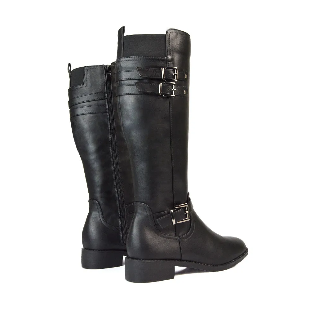 Katy Knee High Flat Heel Buckle Detail Winter Biker Boots in Black Faux Suede