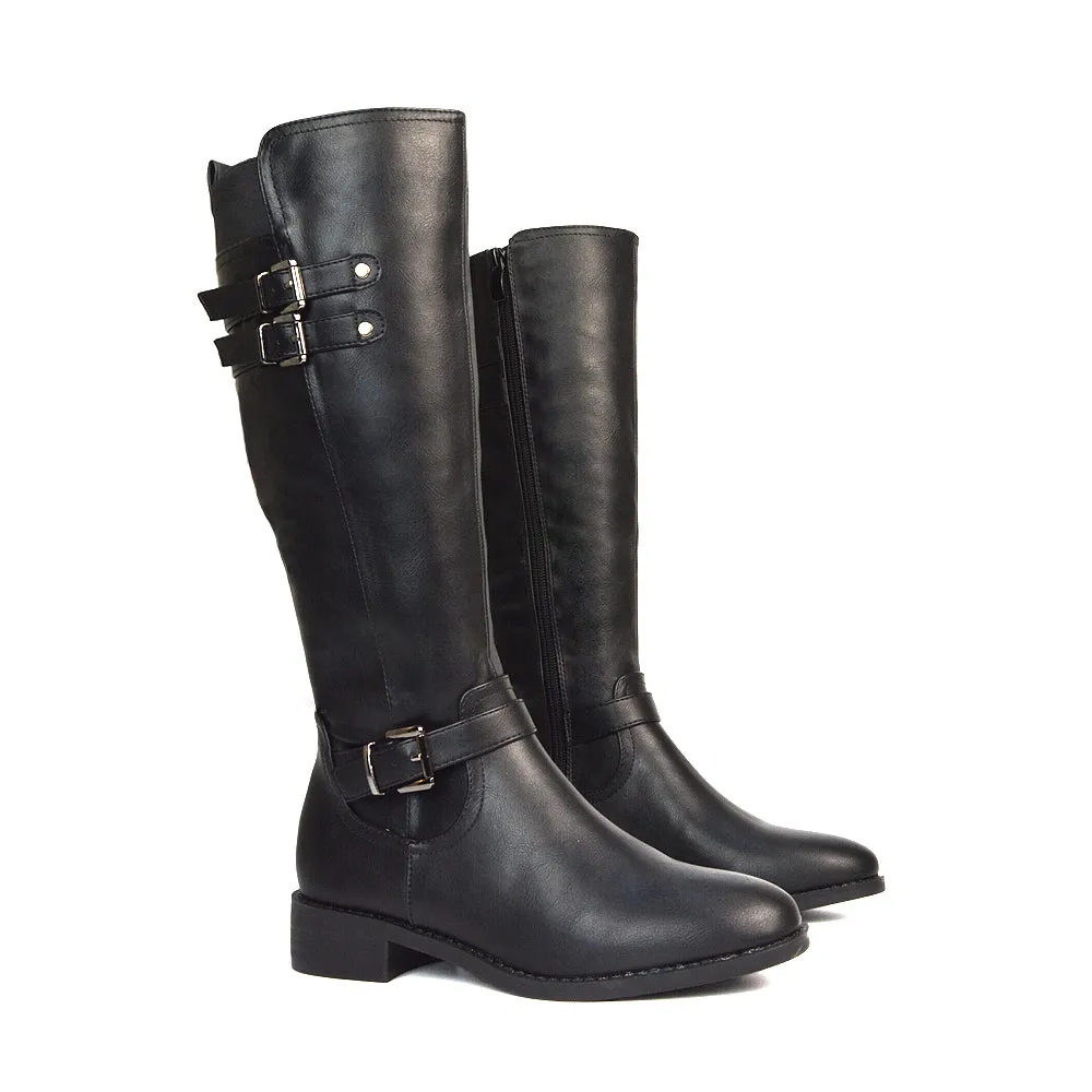 Katy Knee High Flat Heel Buckle Detail Winter Biker Boots in Black Faux Suede