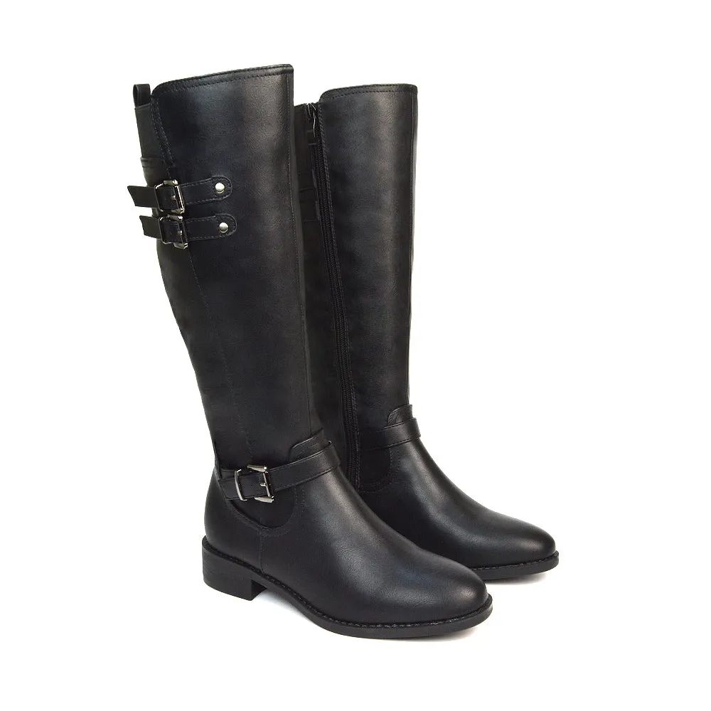 Katy Knee High Flat Heel Buckle Detail Winter Biker Boots in Black Faux Suede