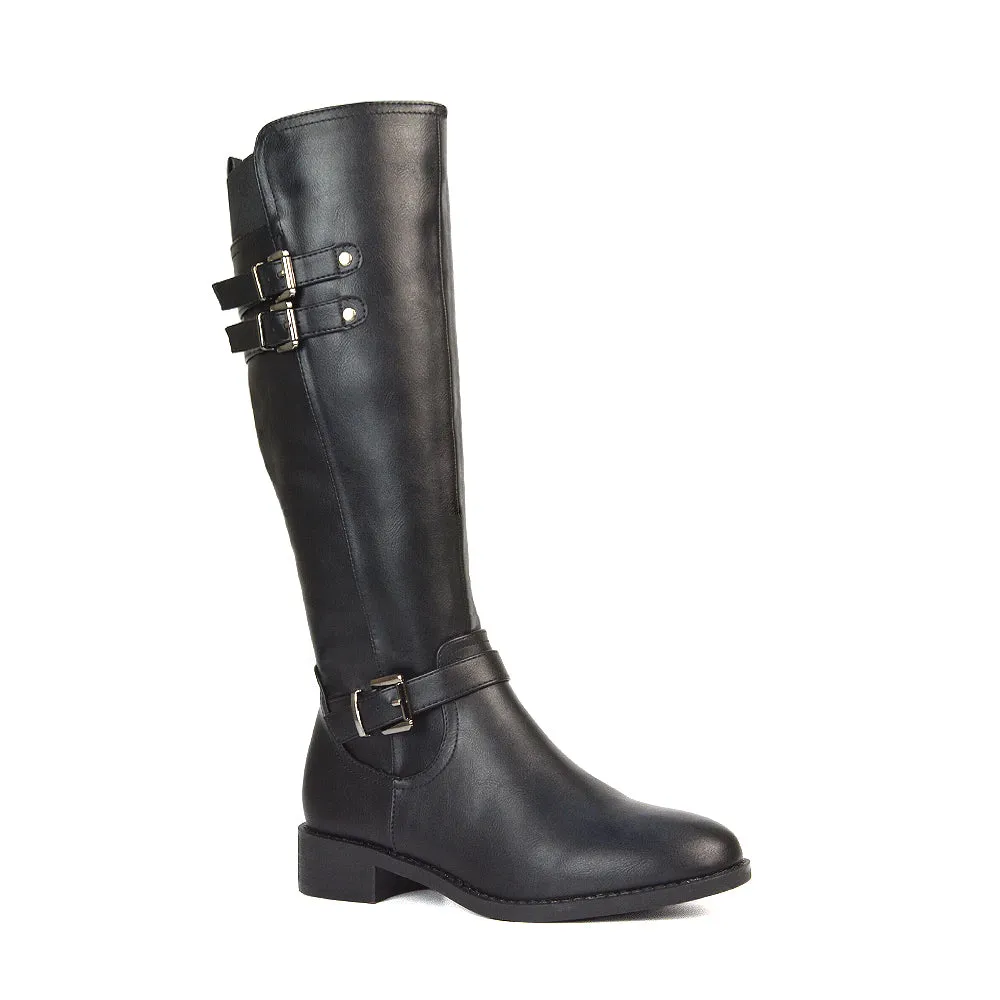 Katy Knee High Flat Heel Buckle Detail Winter Biker Boots in Black Faux Suede