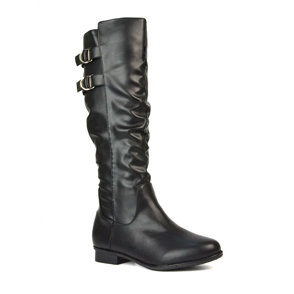 Mia Women's Slouchy Flat Heel Knee High Boots With Buckle Detail in Black Faux Suede